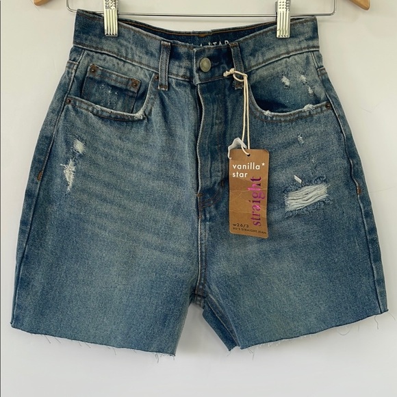 Vanilla Star 90s Straight Jean Blue Distressed High Waisted Denim Short 26/3 - Picture 7 of 17